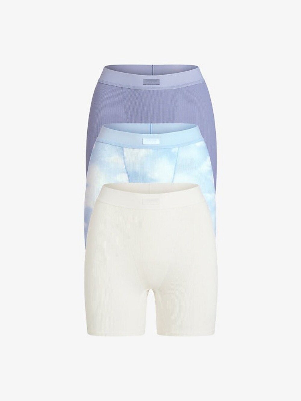 SKIMS Ribbed Boxer Briefs 3-Pack in Cream, Sky Blue Cloud, and Lavender